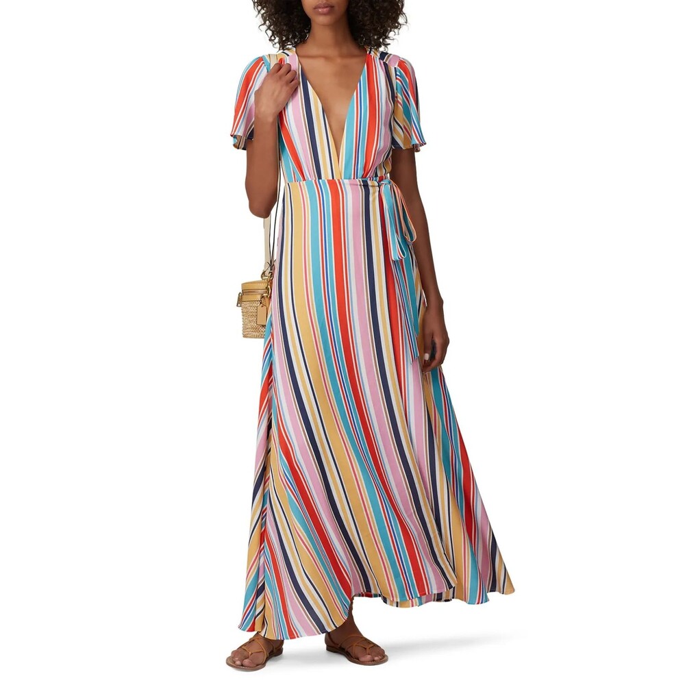 LOUNA Meghan Wrap Maxi Dress M Striped Multi-Color Print Colorful Belted  B22
